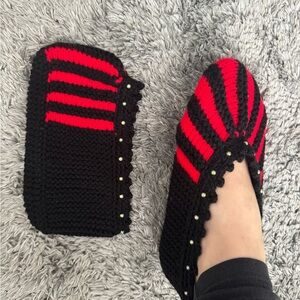 Handmade Black and Red Knitted Slippers